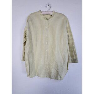 Uniqlo Womens Green White Striped Linen Blend Band Collar 3/4 Sleeve Shirt Large